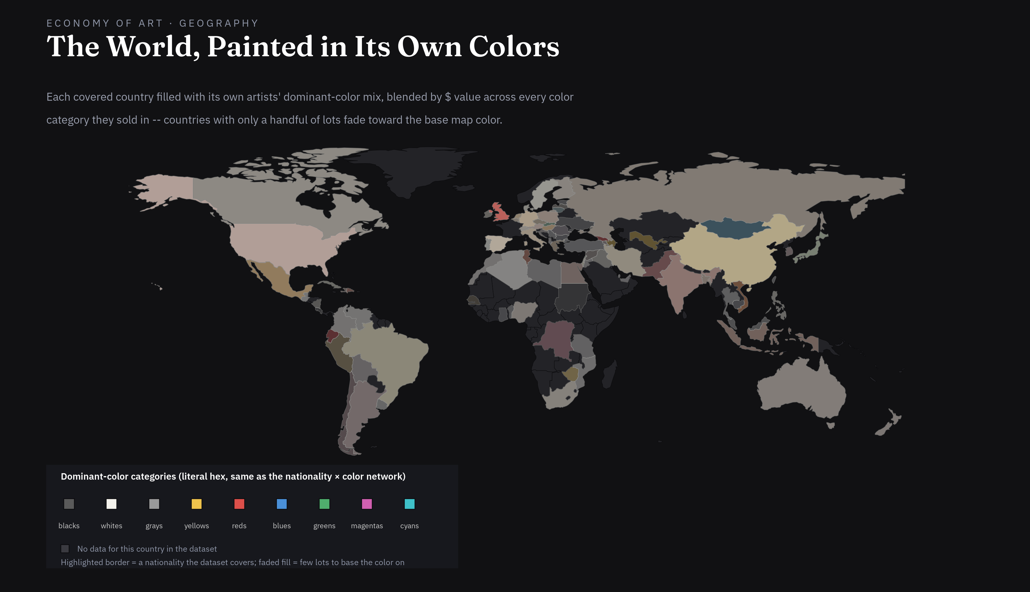 World map with each covered country filled by its own artists' dominant-color mix, blended by dollar value